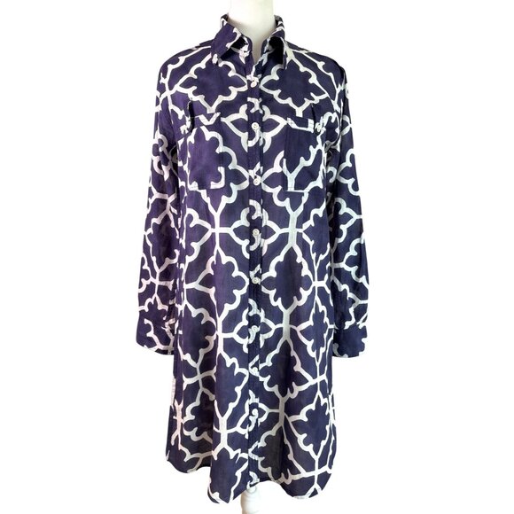 Roberta Roller Rabbit Shirt Dress Size XS Geo Print Navy White Sheer Long Sleeve - Picture 1 of 11